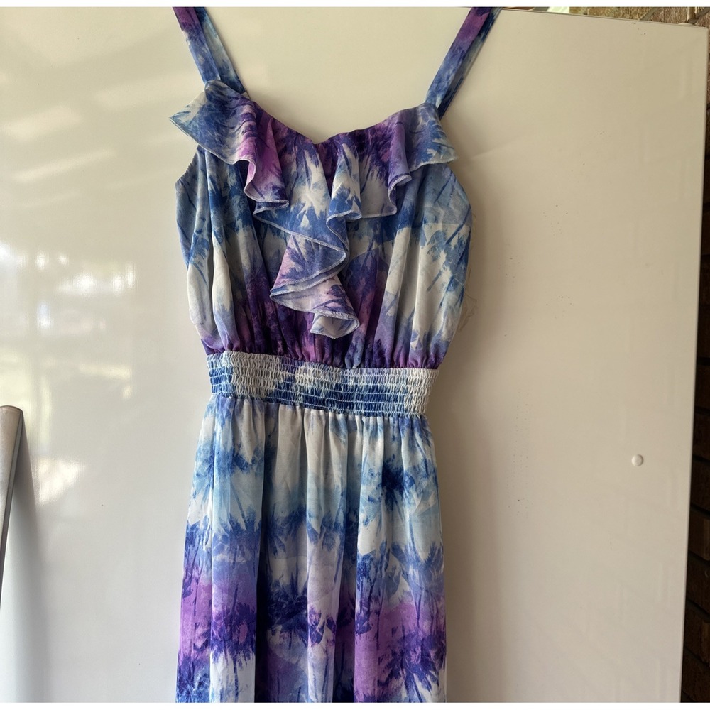 Faded Glory Chiffon Large Maxi Dress Ruffle Smocked Waist Tie Dye Palm Trees